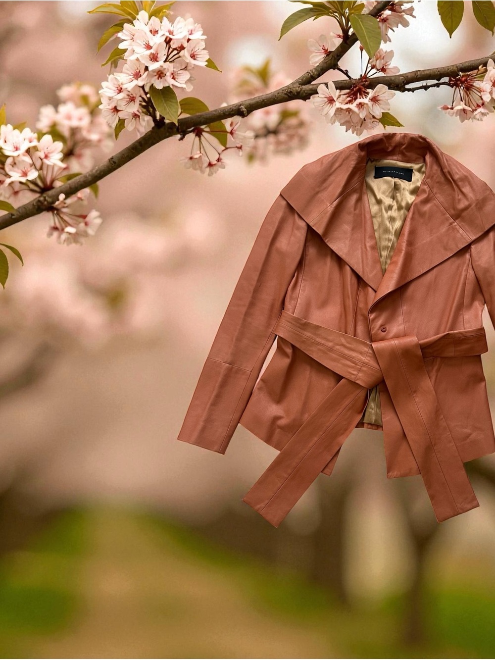 Elie Tahari Mauve Leather Trench Coat with Tie Belt